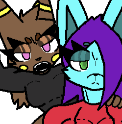 A brown umbreon-like furry and light blue fox both look at the camera, the brown furry screaming at the camera while the light blue one looks angry.