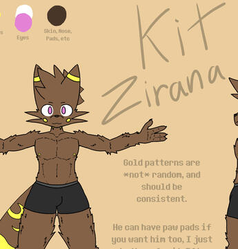 A brown umbreon-like furry stands with his arms out in a "T-pose" in a reference image style.