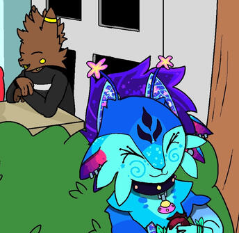 A blue alien faun sitting behind a bush with a stolen fruit in hand. A brown umbreon-like furry sits in the background, laughing playfully.